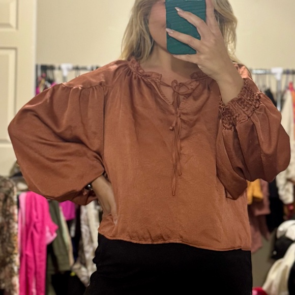 Blu Pepper Tops - Women’s Rust Peasant Satin Blouse with Tie Neck by Blu Pepper